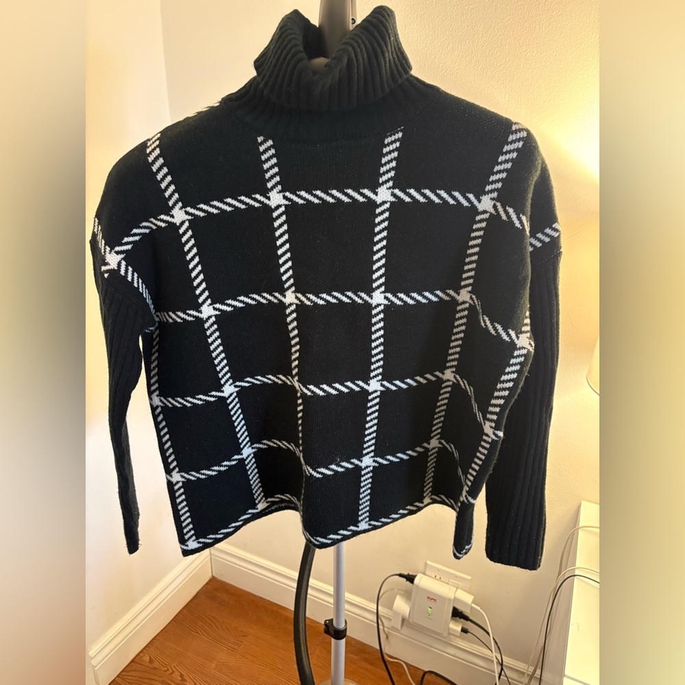 Aqua Black and White Grid Turtleneck Sweater